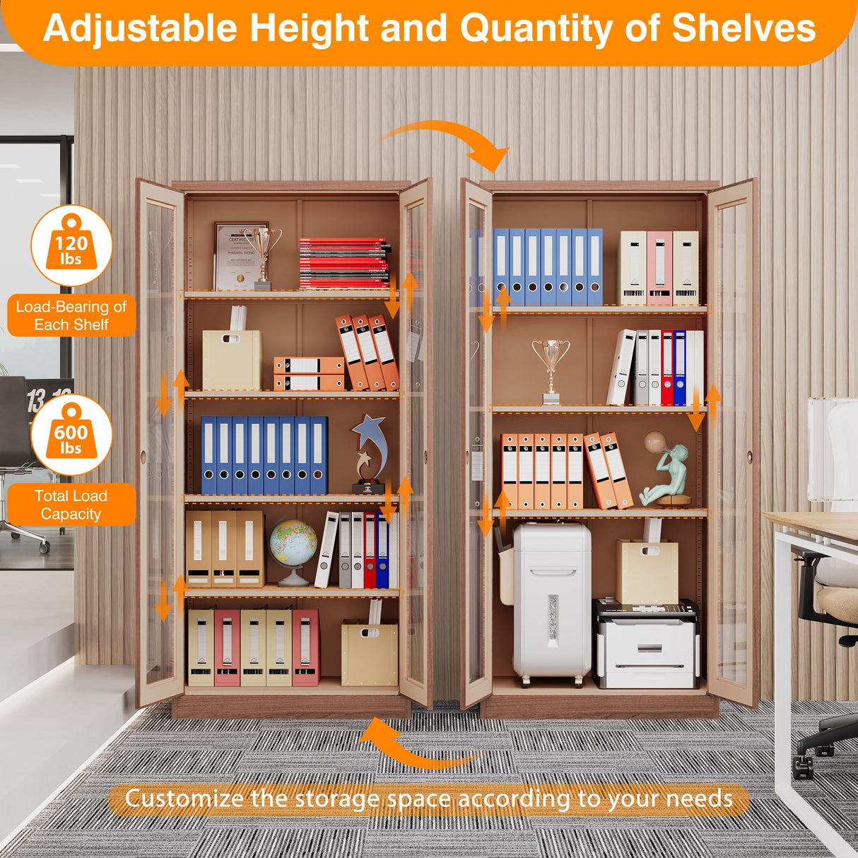 LISSIMO Glass Display Cabinet,Metal Storage Cabinet Bookcase with Glass Doors and 4 Adjustable Shelves,Curio Cabinet Liquor Cabinet with Lock for Home,Office and Exhibition Hall (Rustic Brown) LISSIMO