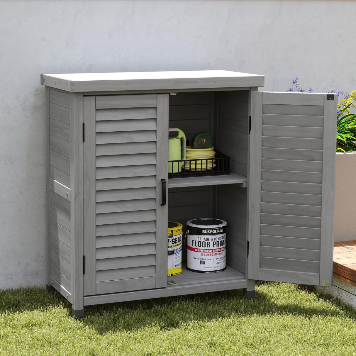 KEIKI Outdoor Potting Bench with Storage Cabinet & Metal Table Top, Weatherproof Garden Workstation, Hemlock Wood KEIKI