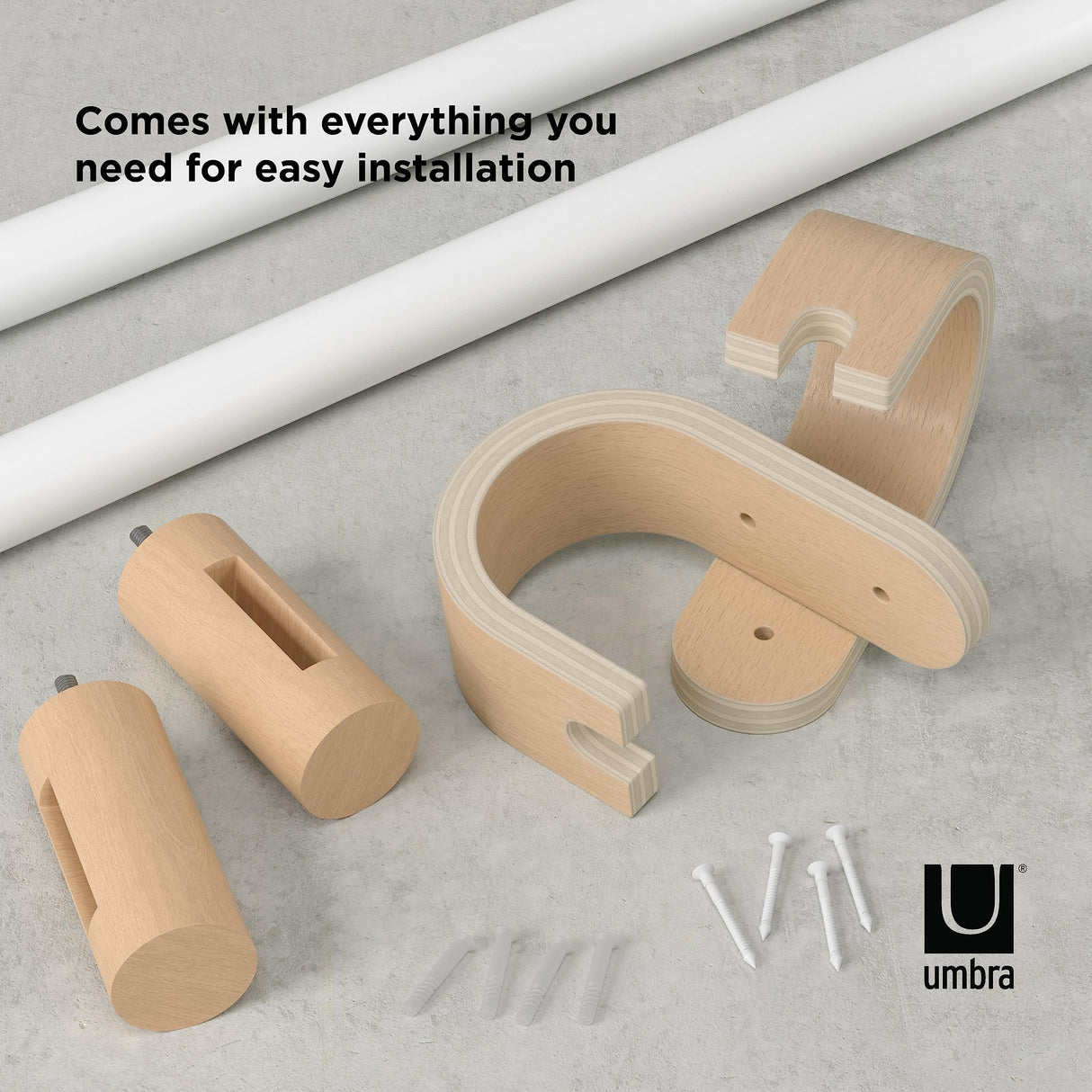 Umbra Bellwood Curtain Rod for Window Drapery, Adjustable Length, Set Includes Finials and Mounting Hardware, White/Natural Umbra