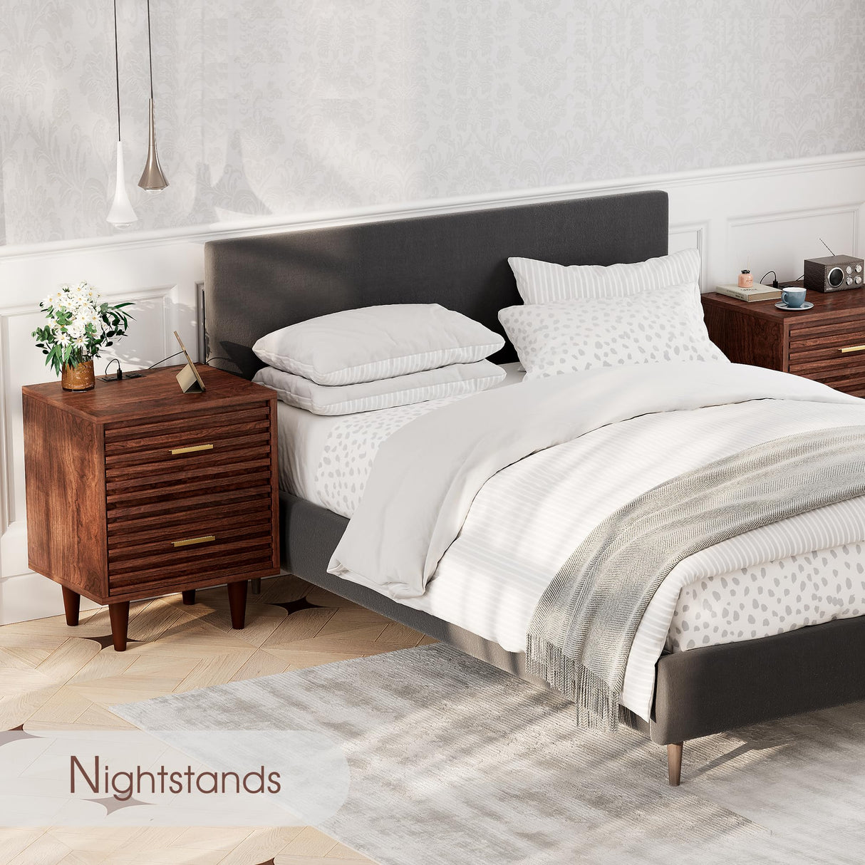 Night Stand with Charging Station Set of 2, Side Table with 2 Drawers, Mid Century Modern End Table with Storage, Wood Bedside Table with USB Ports and Outlets, Nightstand for Bedroom, Brown 2PCS Alohappy