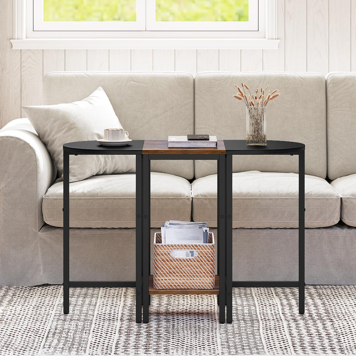 YATINEY Nesting Coffee Tables, End Tables Set of 3, Industrial Small Stacking Side Table, Wooden Nesting Tables, Multiple Combination Options, for Living Room, Office, Rustic Brown and Black ET33BR YATINEY