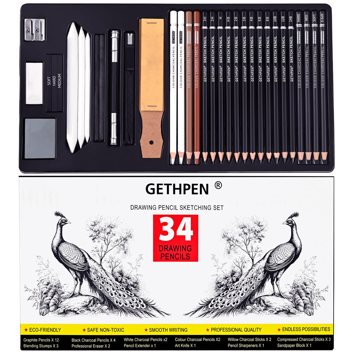GETHPEN Sketch Pencils for Drawing,34 Pcs,Graphite Pencil (14B-4H), Charcoal Pencil,With Graphite Sticks, Erasers and Sharpener, Art Pencils for Sketching,Artist Set for Beginners and Professionals GETHPEN