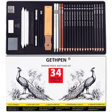 GETHPEN Sketch Pencils for Drawing,34 Pcs,Graphite Pencil (14B-4H), Charcoal Pencil,With Graphite Sticks, Erasers and Sharpener, Art Pencils for Sketching,Artist Set for Beginners and Professionals GETHPEN