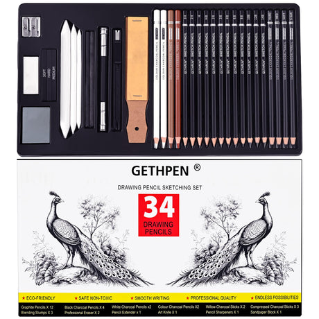 GETHPEN Sketch Pencils for Drawing,34 Pcs,Graphite Pencil (14B-4H), Charcoal Pencil,With Graphite Sticks, Erasers and Sharpener, Art Pencils for Sketching,Artist Set for Beginners and Professionals GETHPEN