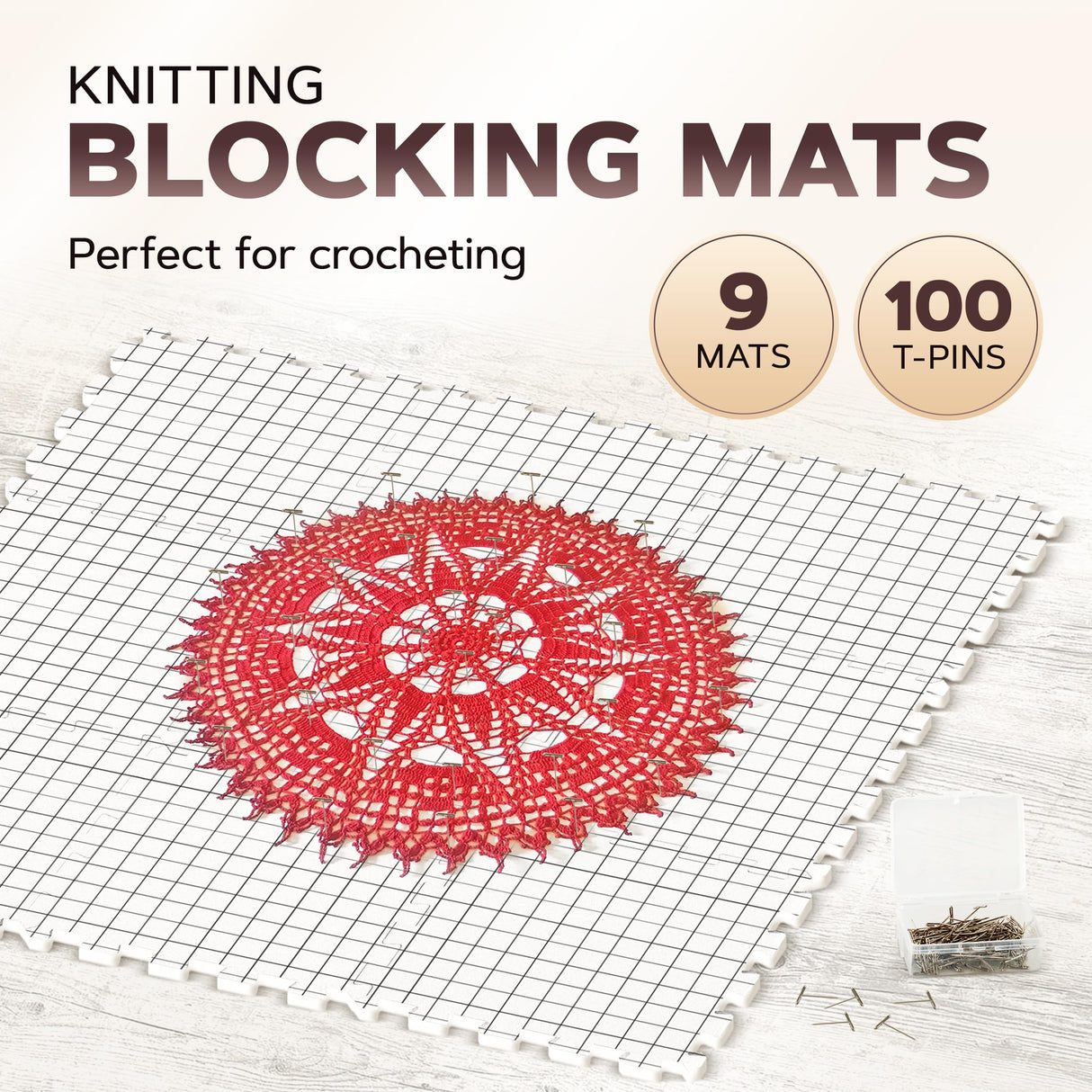 UMIEN™ Blocking Mats for Knitting (9-Pack) - Extra Thick Blocking Boards for Crochet Projects with Grids - Suitable for Needlepoint Or Crochet - Included 100 T-Pins & Storage Bag UMIEN
