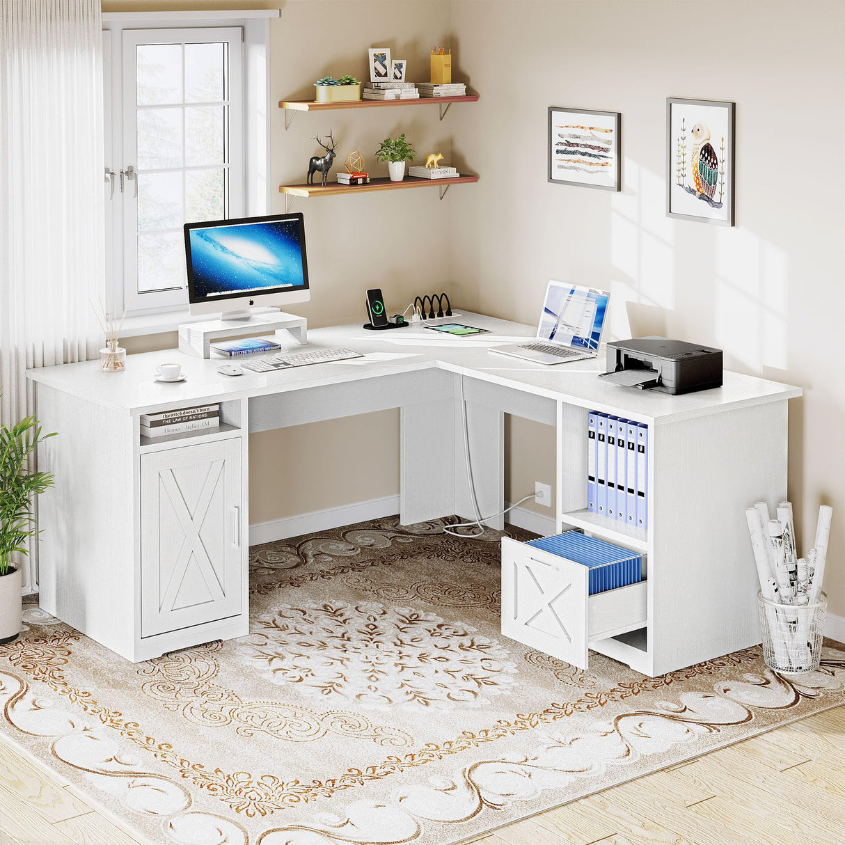 YITAHOME L Shaped Desk with Power Outlets, 60 Inch Computer Desk Corner Desk with File Drawer, Home Office Desk with Monitor Stand & Storage Shelves, L-Shaped Desk with File Cabinet, White YITAHOME