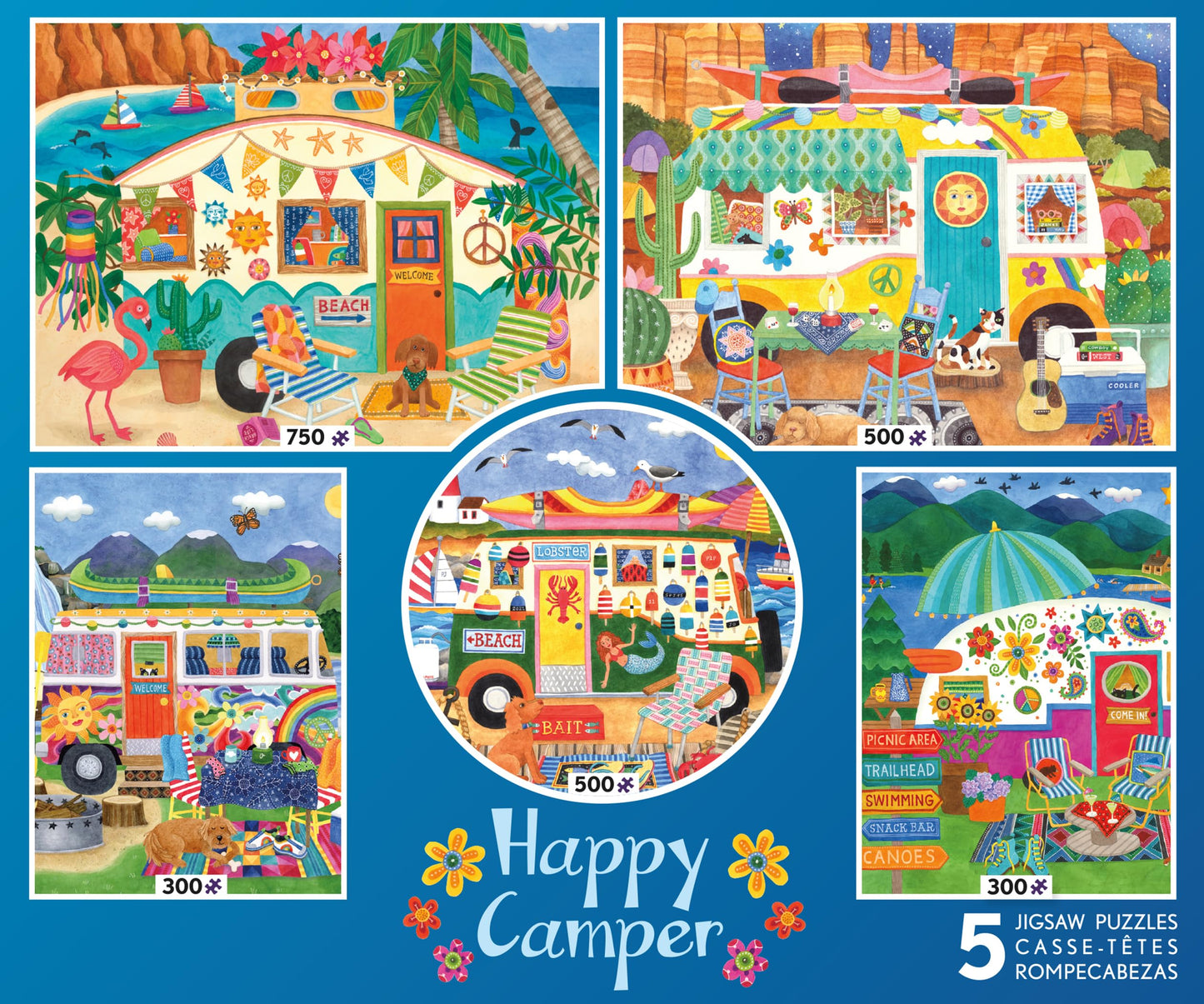 Ceaco - 5 in 1 Multipack - Happy Camper - (2) 300 Piece, (2) 500 Piece, (1) 750 Piece Jigsaw Puzzles