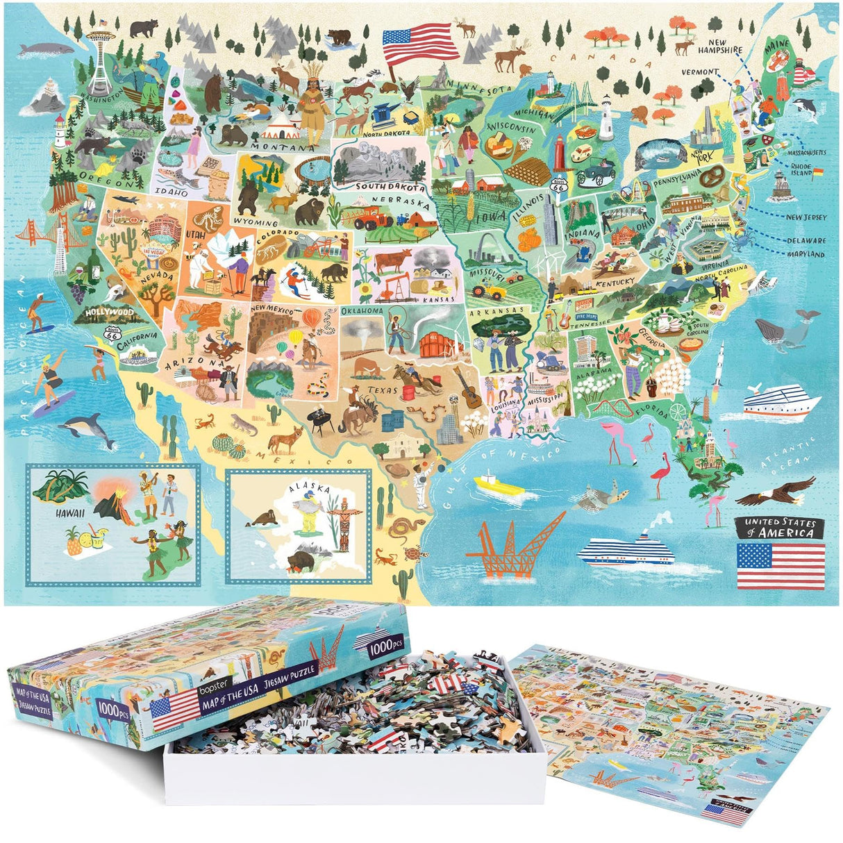 Puzzles for Adults 1000 Pieces - Illustrated US Map Puzzle - United States USA 1000 Piece Puzzle for Adults and Kids Puzzles - 100% Recycled Cardboard by bopster Bopster