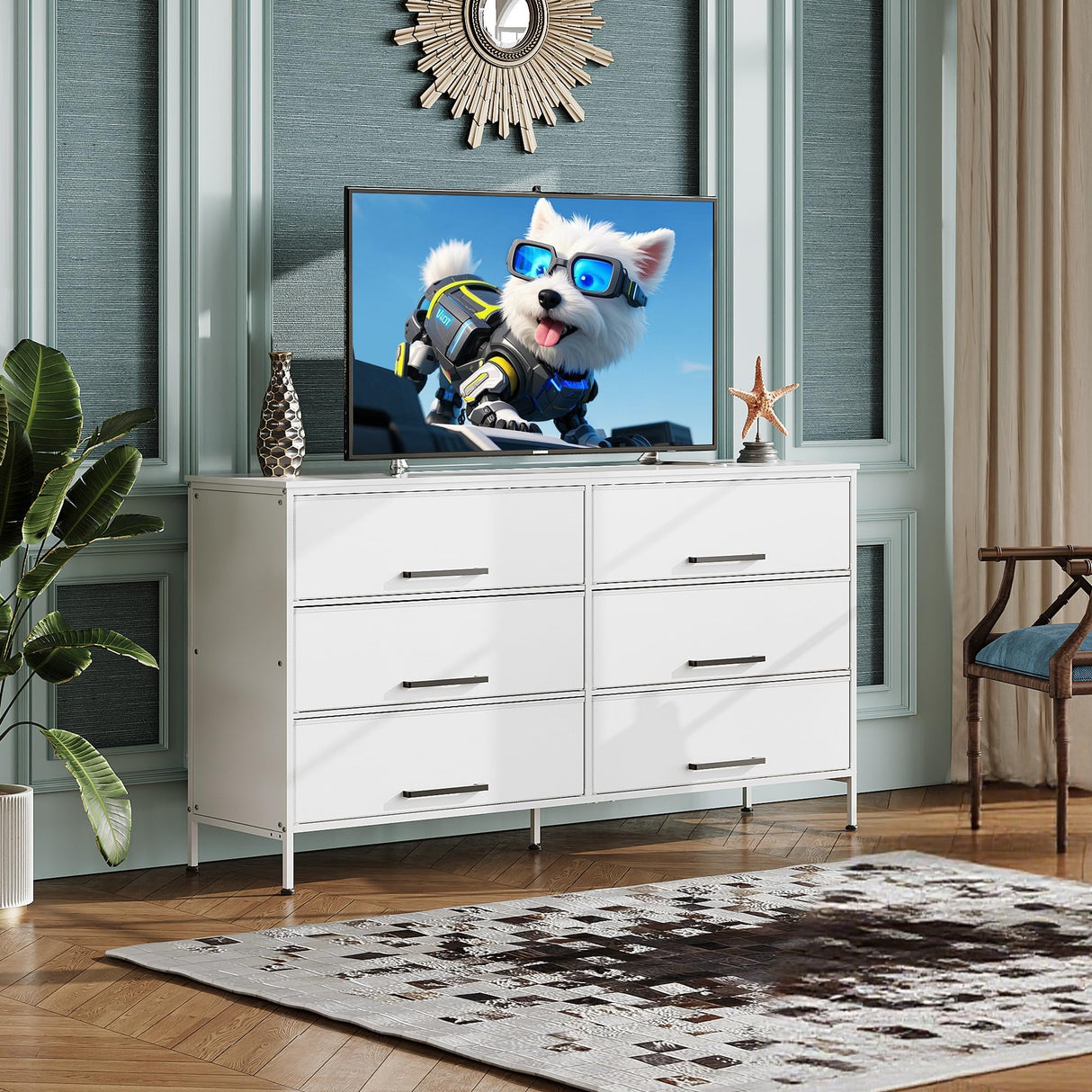 WLIVE White TV Stand for 60, 65, 70 inch TV, Large Entertainment Center with 6 Fabric Drawer, TV Media Console Table with Wood Top, Adjustable Feet for Living Room, WLIVE