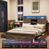 Fameill Farmhouse Queen Size Bed Frame with 4 Drawers and Bookcase Headboard, Sliding Barn Door Storage Shelves, LED Lights and Charging Station, No Box Spring Needed, Grey Fameill