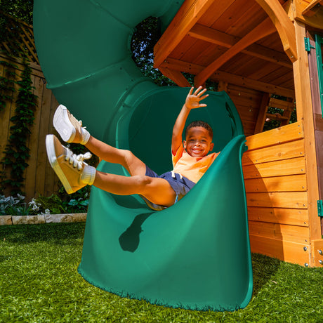 KidKraft Buffalo Crossing Wooden Swing Set with Playhouse, Rock Wall, Tube Slide and Glider KidKraft