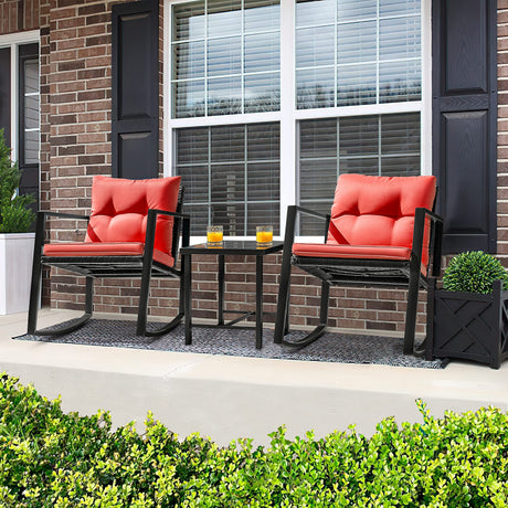 Flamaker 3 Pieces Patio Furniture Set Rocking Wicker Bistro Sets Modern Outdoor Rocking Chair Furniture Sets Clearance Cushioned PE Rattan Chairs Conversation Sets with Coffee Table (Red) Flamaker