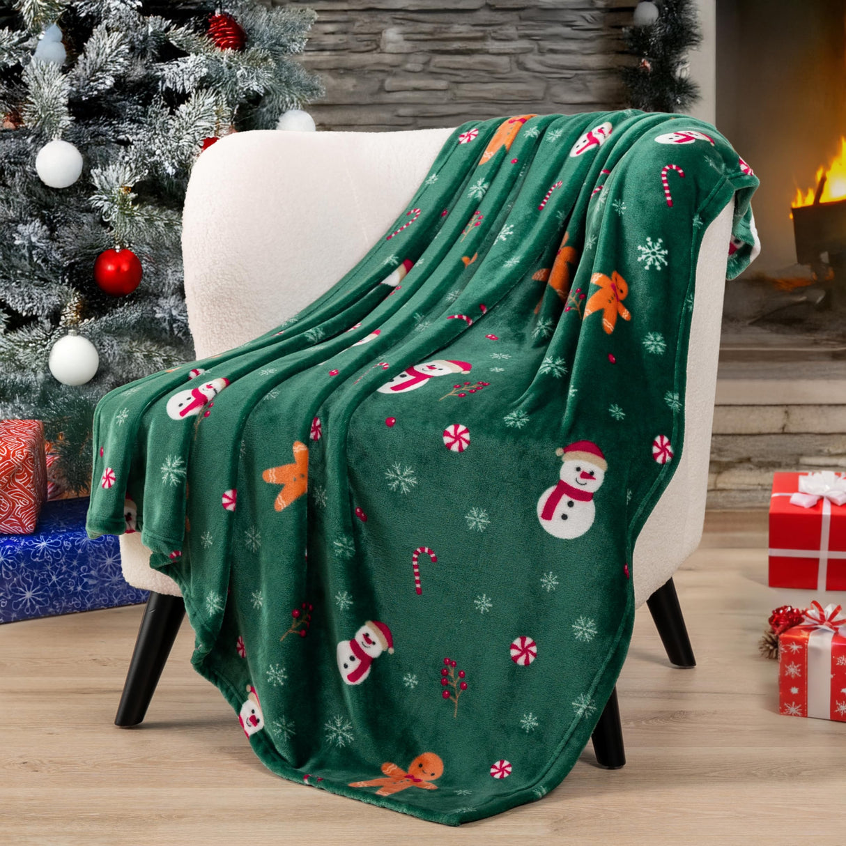 PAVILIA Christmas Gingerbread Throw Blanket | Green Holiday Christmas Fleece Blanket | Soft, Plush, Warm Winter Cabin Throw, 50x60 (Green Gingerbread) PAVILIA