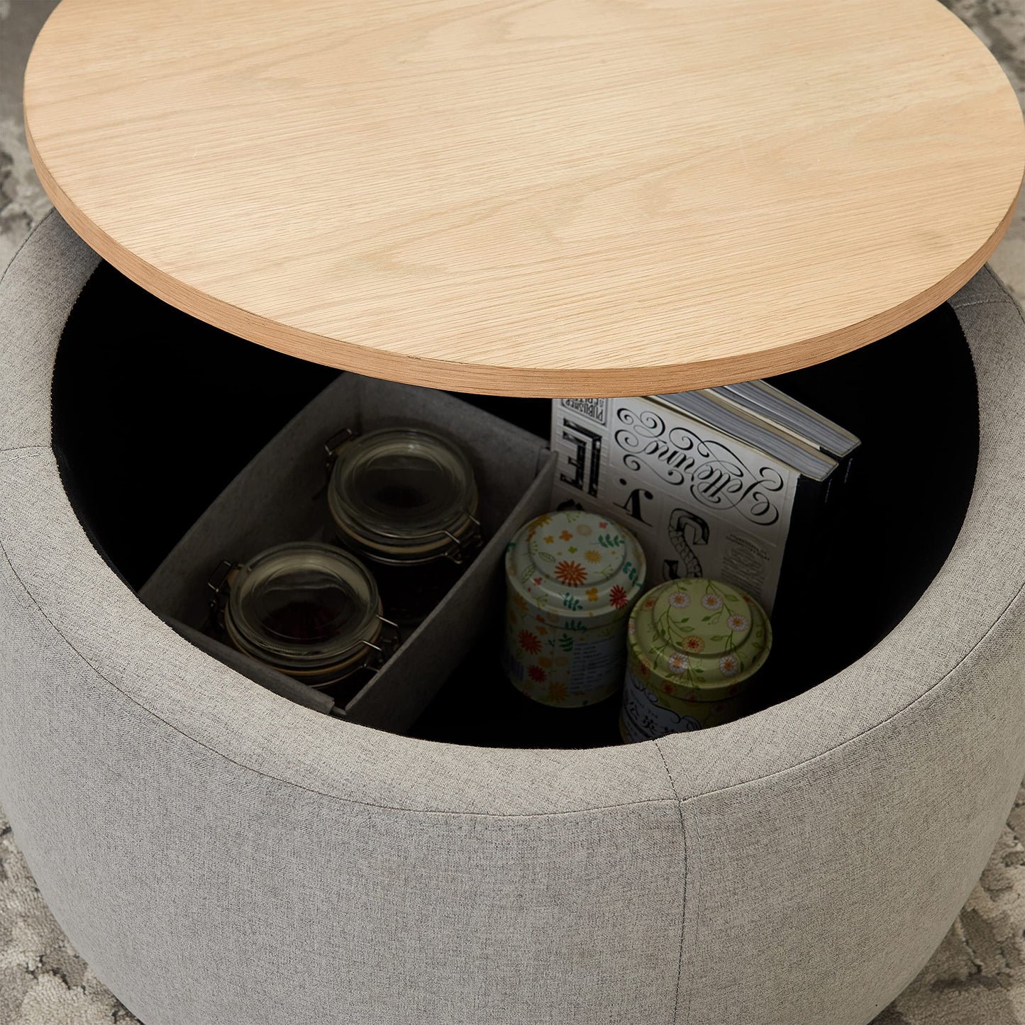 Modern Round Storage Ottoman with Wooden Lid,Circle Ottoman Handmade Ottoman Coffee Table,End Table & Footstool for Living Room (Light Gray)