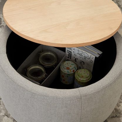 Modern Round Storage Ottoman with Wooden Lid,Circle Ottoman Handmade Ottoman Coffee Table,End Table & Footstool for Living Room (Light Gray)