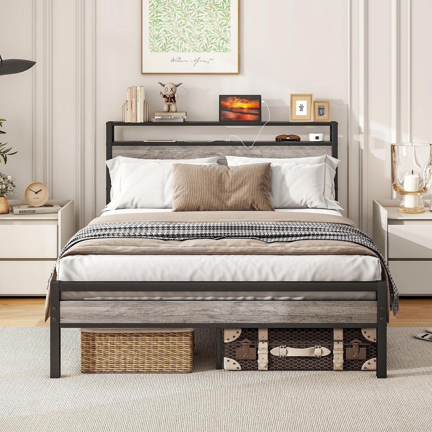 BOFENG Full Size Bed Frame with Storage Headboard/Charging Station,Heavy Duty Metal Platform Bed Frame Full,Reinforced Steel Slats Support,No Box Spring Needed,Noise Free,Greige