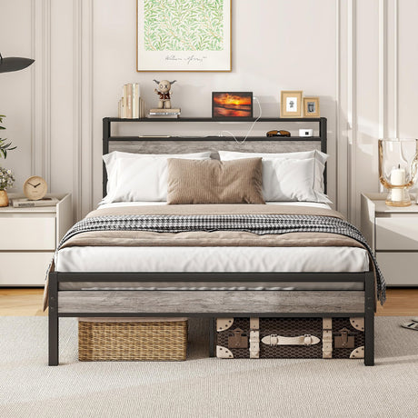 BOFENG Heavy Duty Full Size Bed Frame with Storage Headboard and Charging Station, Grey Oak BOFENG