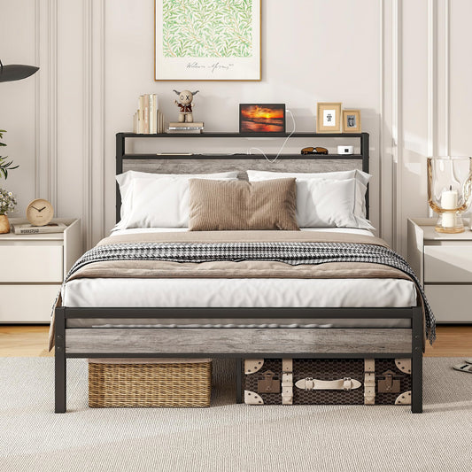 BOFENG Heavy Duty Full Size Bed Frame with Storage Headboard and Charging Station, Grey Oak - WoodArtSupply