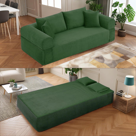 83" Modern Sofa in a Box, No Assembly Oversized 3 Seater 28" Deep Seat Cloud Sofa Bed Couch with 4 Furry Pillows & Corduroy Fabric, Boneless Couch with Side Storage Pockets for Living Room, Green Zyerch