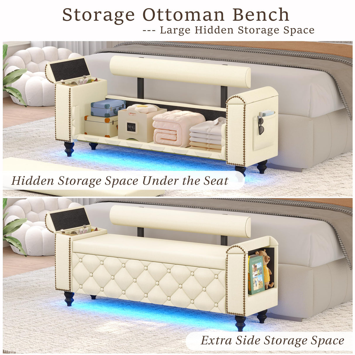BYSAUD 51" Storage Bench, End of Bed Bench with LED Lights & Curved Arm, Upholstered Ottoman Bench with Storage, Bedroom Bench with Tufted Button & Nailhead Trim for Living Room Entryway, Beige BYSAUD