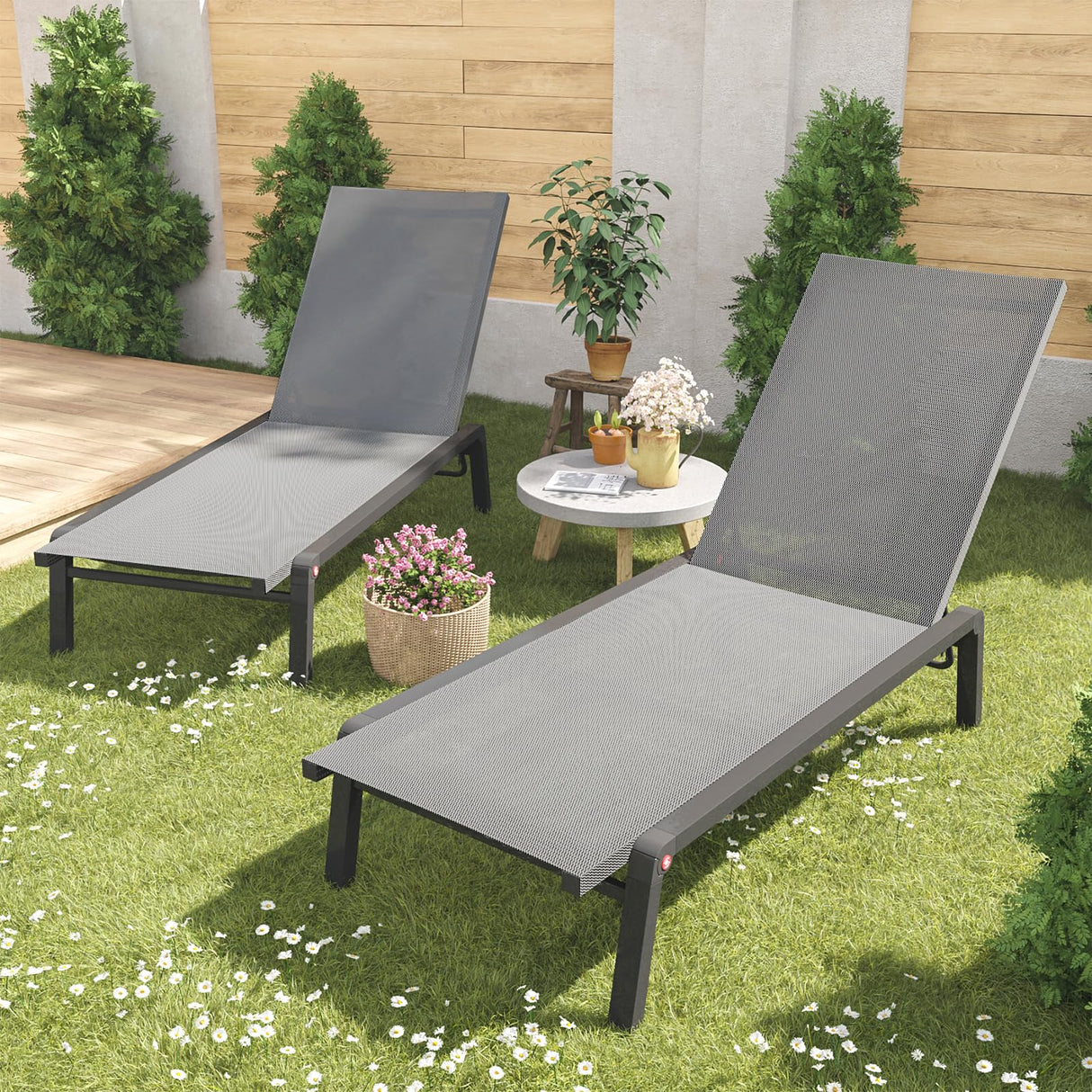 FHVIT Patio Chaise Lounge Set of 2 with 4 Adjustable Backrest, Foldable Aluminum Chaise Lounge Chair Recliner for Outdoor, Poolside, Sun Tanning Grey FHVIT