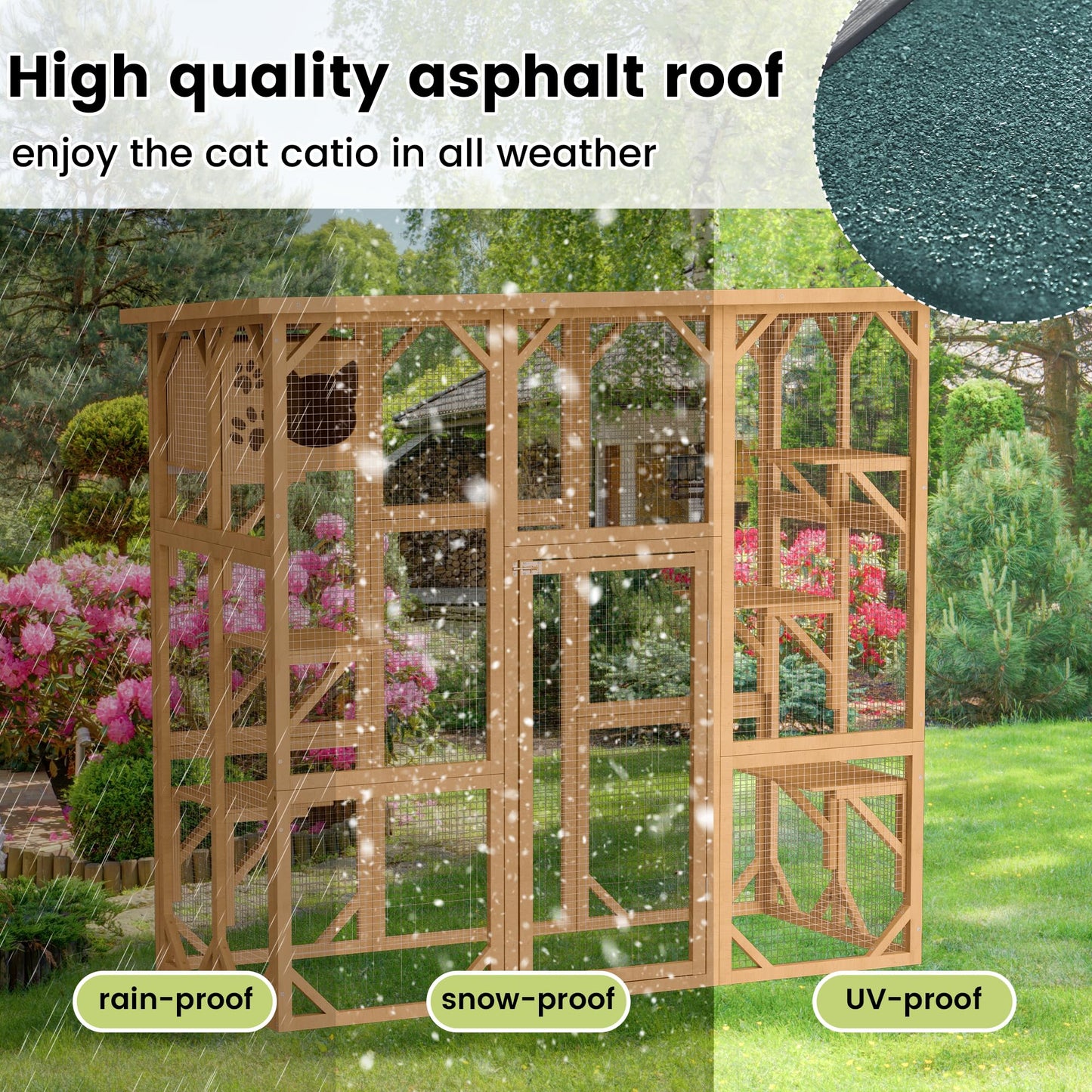 Decomax Catio Cat House Cage Enclosure, Outdoor/Indoor Wooden Cat Enclosures with Separate Cat Kennel, 5 Large Platforms and Waterproof Asphalt Roof for Patio, Backyard (Burlywood) - WoodArtSupply