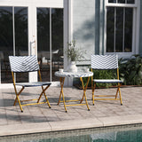 EMMA + OLIVER Ciel Three Piece Folding Bistro Set - Navy and White PE Rattan - Natural Finish Metal Frames - Indoor/Outdoor Use EMMA + OLIVER