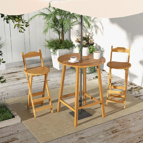 Tangkula 31.5” Natural Acacia Wood Round Patio Bar Table with Umbrella Hole Tangkula