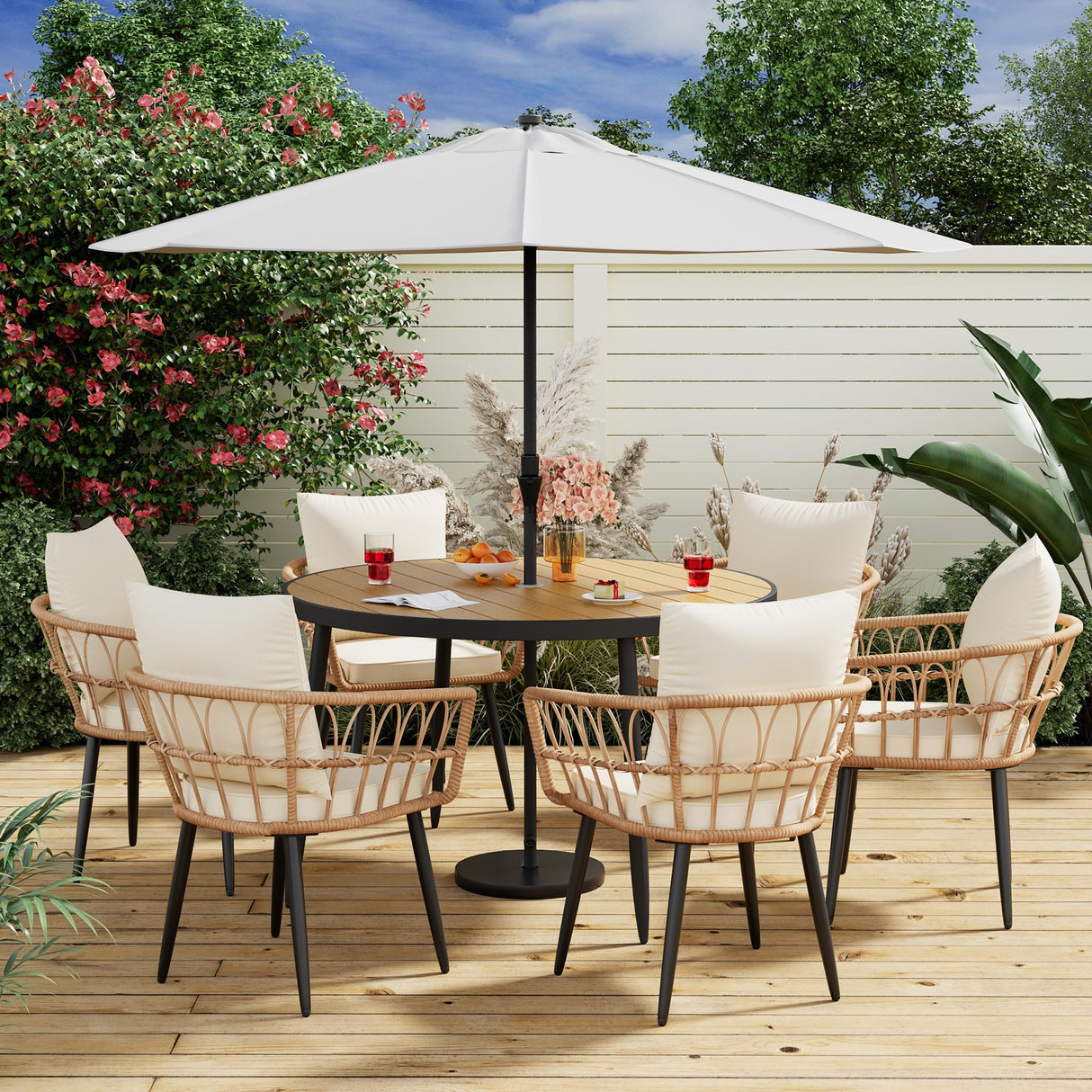 Pamapic 7 Pieces Outdoor Dining Set,All-Weather PE Rattan Patio Dining Sets with Wood Table Top, Outdoor Table and Chairs for 6 with Removable Cushion for Lawn Garden Patio, Cream Pamapic