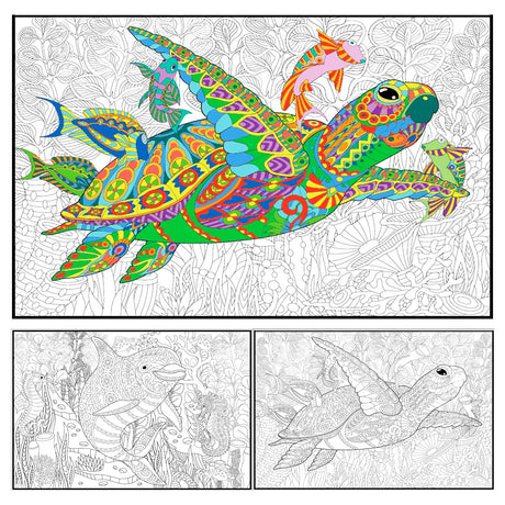 Set of 2 Giant Coloring Posters - Turtle and Dolphin Wall Coloring Poster for Kids & Adults - Large Coloring Sheets for Group Activity - Huge Big Coloring Page - Jumbo Coloring for Table Floor ALEX Art