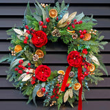Pinkpuii Pre-lit Christmas Wreath with Lights,24 Inch Outdoor Christmas Wreaths for Front Door,Green Eucalyptus Olive Leaves Winter Door Wreath with Pinecones,Red Flower-Lighted Xmas Holiday Wreath Pinkpuii