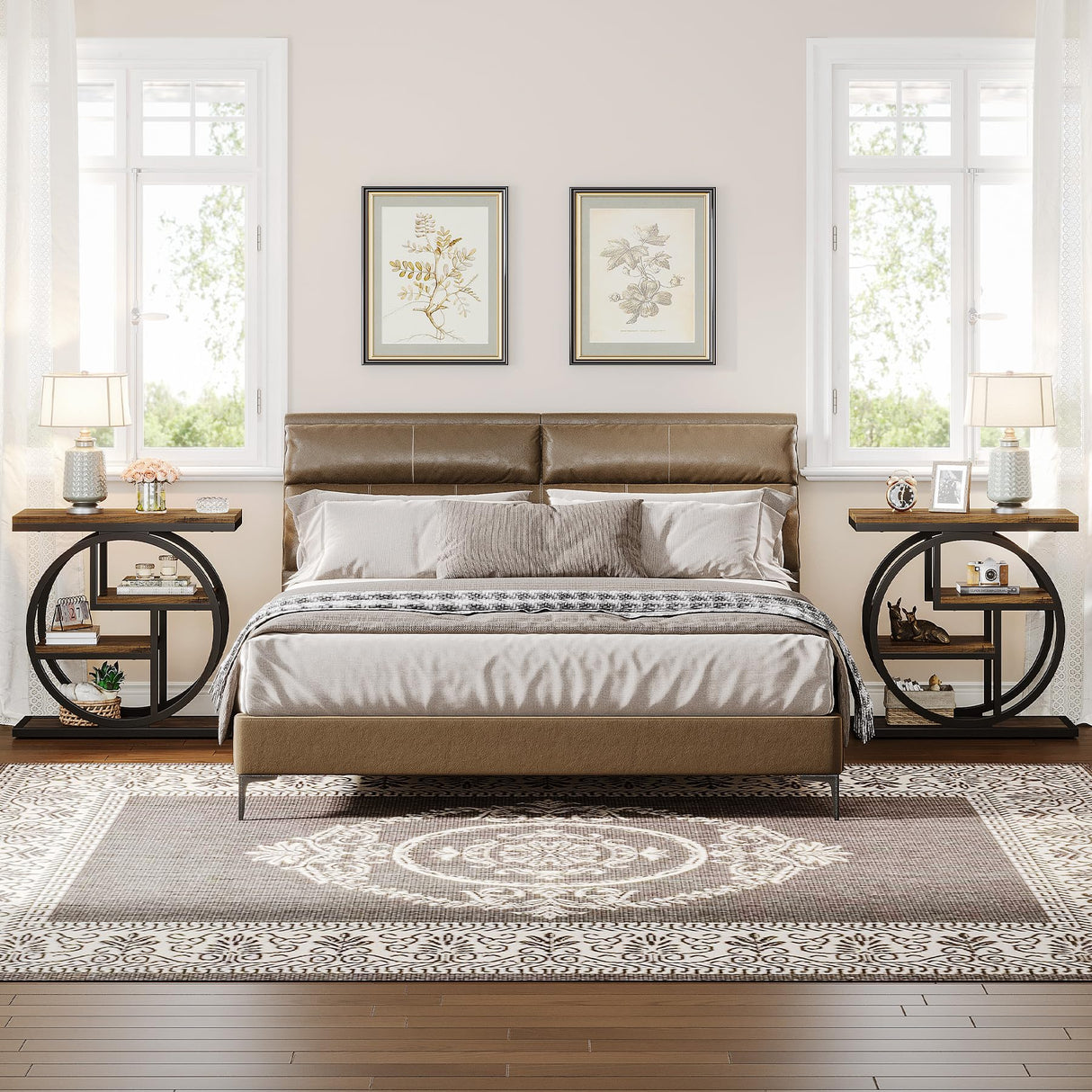 Tribesigns End Table Set of 2, 4-Tier Narrow Side Table with Storage Shelves, Wood Small Sofa Side Table with Geometric Metal Frame, Industrial Bedside Table for Bedroom, Living Room, Rustic Brown Tribesigns