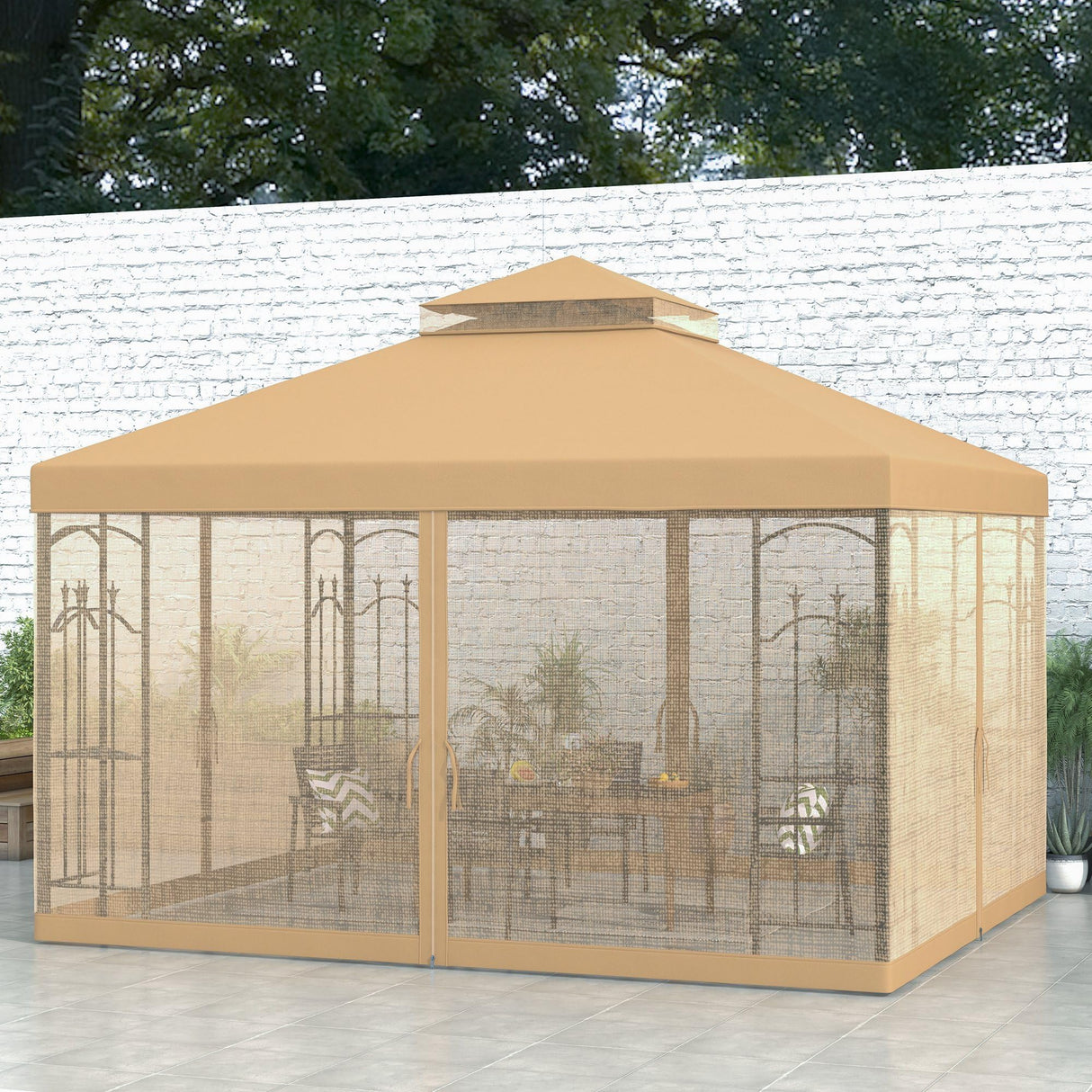Outsunny 10' x 12' Patio Gazebo with Corner Frame Shelves, Double Roof Outdoor Gazebo Canopy Shelter with Netting for Patio, Wedding, Catering & Events, Brown Outsunny