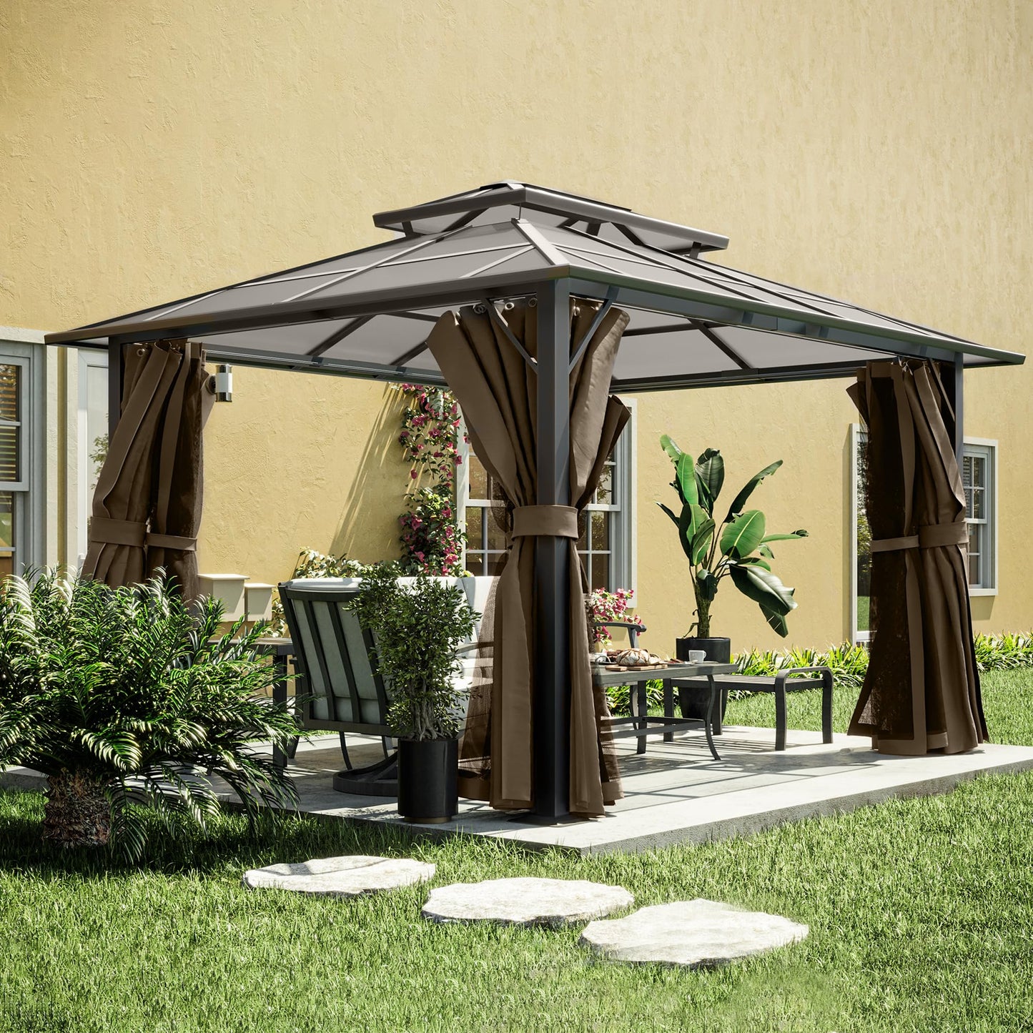 ZEPYARD Hardtop Gazebo 10x12 FT Polycarbonate Double Roof with Netting and Curtains, Metal Aluminum Outdoor Gazebo for Backyard, Patio, Deck (Brown)