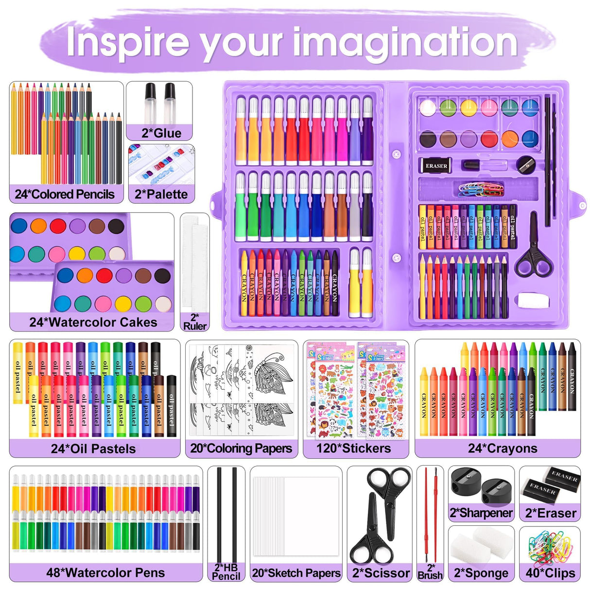 2 Pack Art Kit, Vigorfun Drawing Painting Art Supplies for Kids Girls Boys Teens, Gifts Art Set Case Includes Oil Pastels, Crayons, Colored Pencils, Watercolor Cakes (Purple) VigorFun