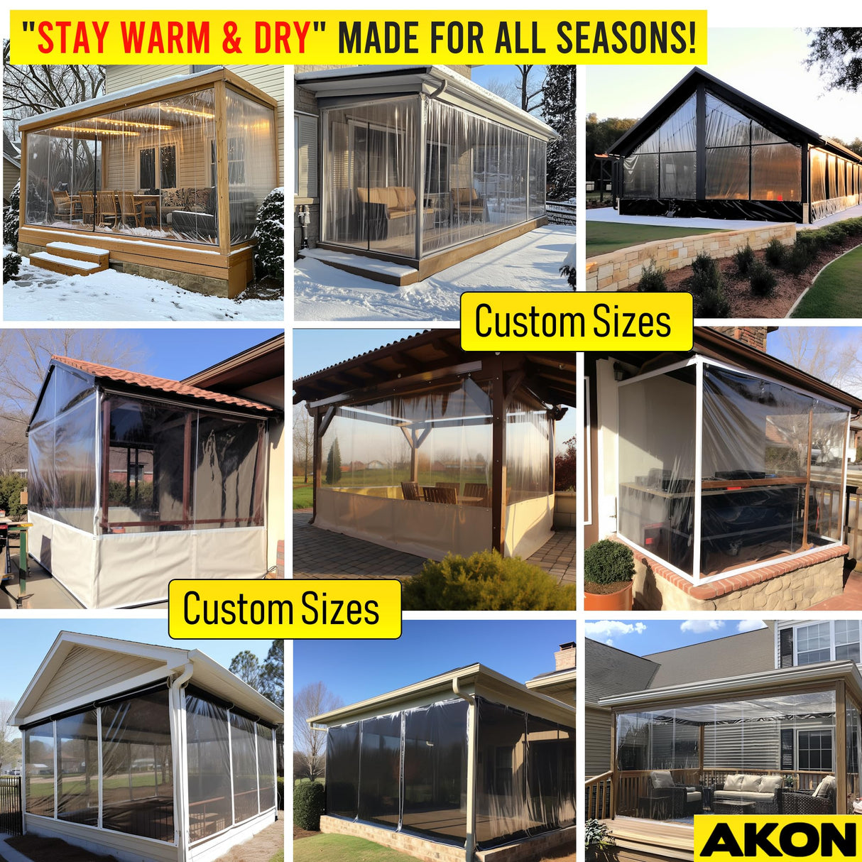 Akon Curtain Patio Enclosure with Zipper | Clear Vinyl with Door Access| Made to Order | Patios, Porch, Screen Rooms, Gazebos | Waterproof Tarpaulin AKON Curtains