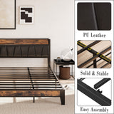 LIKIMIO Vintage Brown King Bed Frame with Storage Headboard and Charging Station LIKIMIO