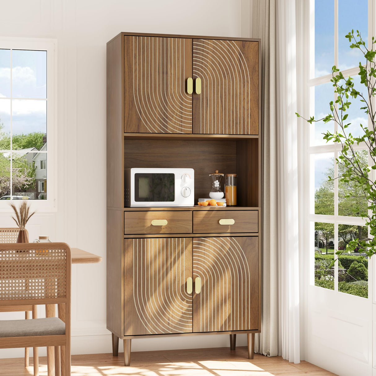 Smuxee 70.87" Walnut Kitchen Pantry Cabinet, Tall Food Pantry Cabinet with Line Groove Design, Kitchen Hutch with Microwave Stand for Dining Room Living Room Smuxee