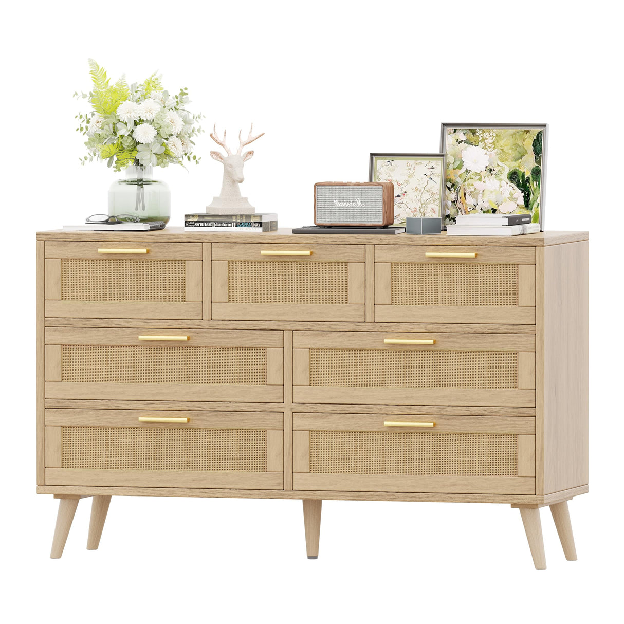 Rovaurx 7 Drawer Double Dresser for Bedroom, Rattan Chest of Dressers, Modern Wooden Dresser Chest with Golden Handles, Beside Table for Closet, Living Room and Entryway, Natural RDG004M Rovaurx
