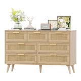 Rovaurx 7 Drawer Double Dresser for Bedroom, Rattan Chest of Dressers, Modern Wooden Dresser Chest with Golden Handles, Beside Table for Closet, Living Room and Entryway, Natural RDG004M Rovaurx