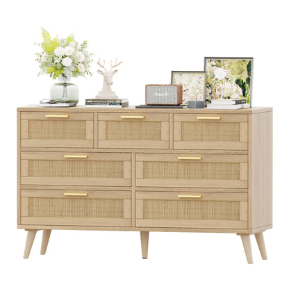 Rovaurx 7 Drawer Double Dresser for Bedroom, Rattan Chest of Dressers, Modern Wooden Dresser Chest with Golden Handles, Beside Table for Closet, Living Room and Entryway, Natural RDG004M - WoodArtSupply