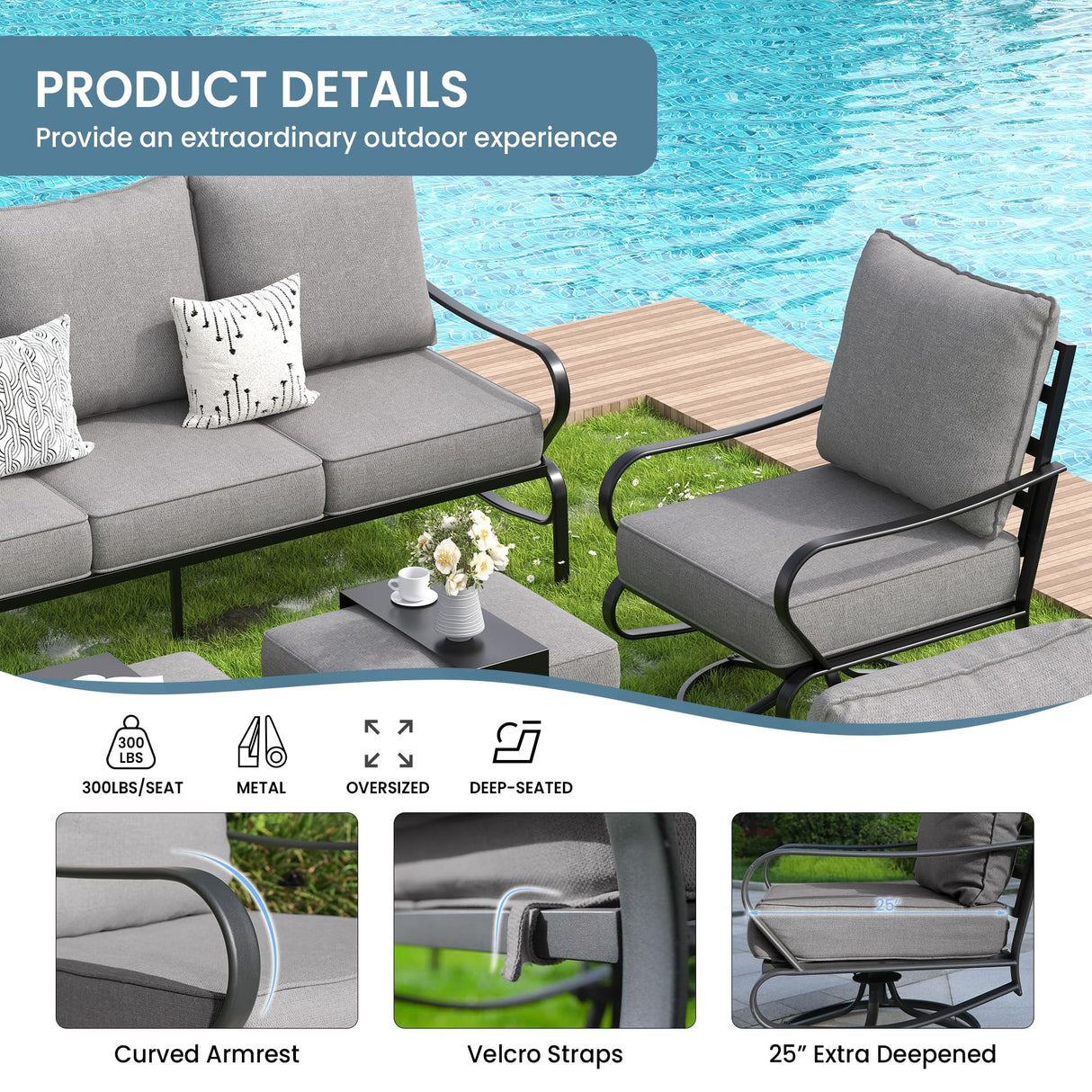 Amopatio Patio Furniture Set, Outdoor Furniture Set with Swivel Chair, 5 Pieces Patio Conversation Sets with 5.75" Extra Thick Cushion Include Waterproof Covers for Poolside Deck, Grey Amopatio