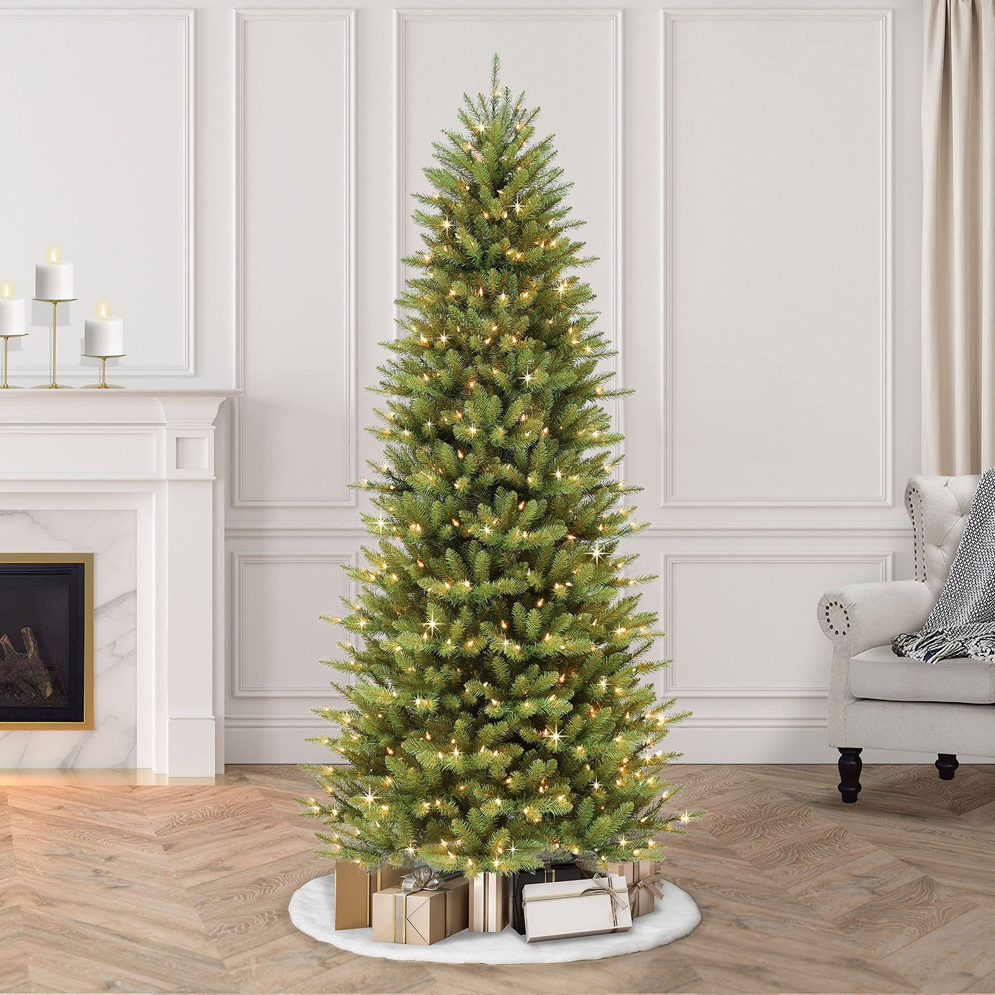 Puleo International 6.5 Foot Pre-Lit Slim Fraser Fir Artificial Christmas Tree with 350 UL Listed Clear Lights, Green