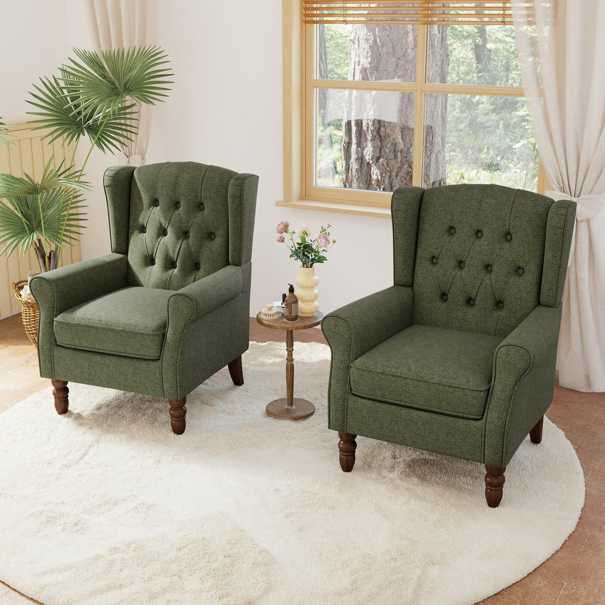 Lumibee High Back Accent Chair Set of 2,Upholstered Wingback Armchair with Solid Wood Legs for Small Spaces,Comfy Single Sofa Chair for Living Room,Bedroom,Office-Green Lumibee