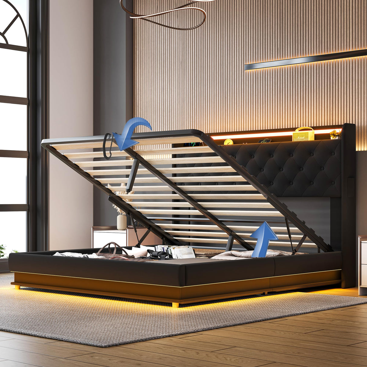 Ailisite Lift Up Storage Bed Full, Bed Frame Full Size with Charging Station & Led Lights, Upholstered Storage Bed with Wingback 2-Tier Bookcase Headboard, Hydraulic Lift, No Box Spring Needed,Black Ailisite