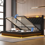 Ailisite Queen Lift-Up Storage Bed with Tufted Wingback Headboard and USB Charging Station, Black Upholstered Design Ailisite