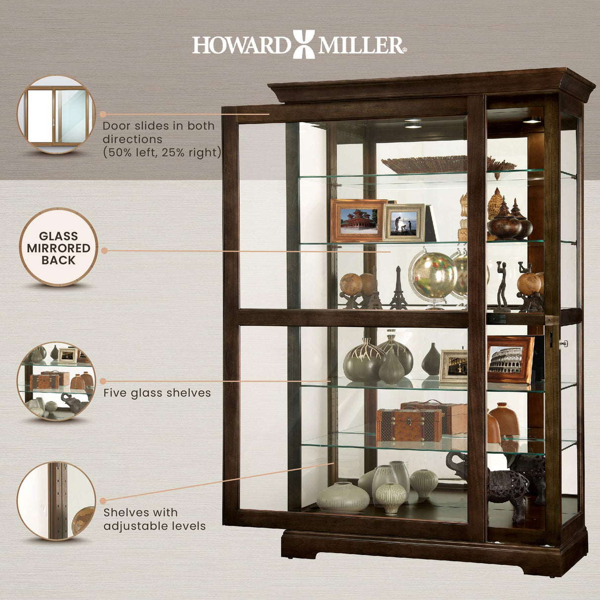Howard Miller Kane III Curio Cabinet 680-626 – Espresso Finish Home Decor, Five Glass Shelves, Six Level Display Case, No-Reach Roller Light, Locking Slide Door Howard Miller