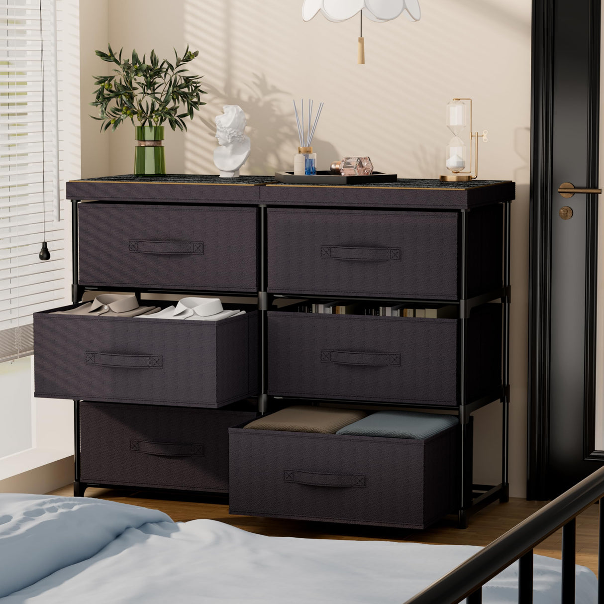 GcdPai Dresser with 6 Fabric Drawer Stand Desktop Sturdy Metal Plastic Support Tube Cube Storage Cabinet for Bedroom Organization Dorm Front Hall Entryway GcdPai