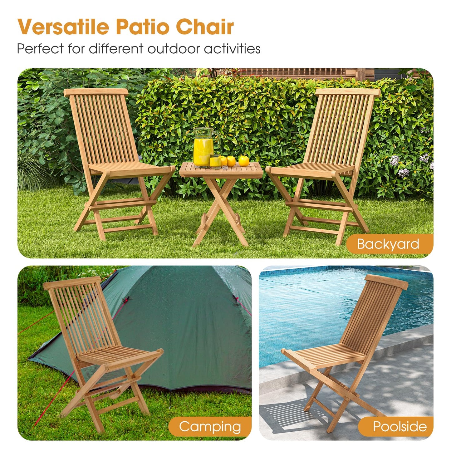 Tangkula 2 Piece Wood Patio Folding Chair, Sturdy Teak High-Back Chair with Slatted Design, Portable & Lightweight Outdoor Dining Chair, Natural Appearance, Perfect for Backyard, Camping - WoodArtSupply