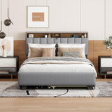 Merax Queen Bed Frame with Trundle Pull Out, Wood Bed Frame Queen Size with Storage Drawers and Headboard, Linen Upholstered Queen Bed with a Set of Sockets & USB Ports, Gray Merax
